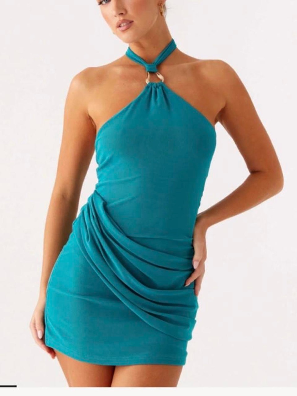 Peppermayo Teal Halter Ring Ruched Mini Dress